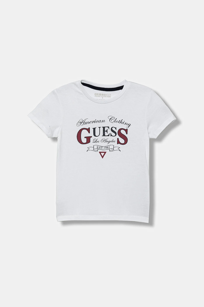 Levně Dětské bavlněné tričko Guess bílá barva, s potiskem, N5YI20 K8HM4
