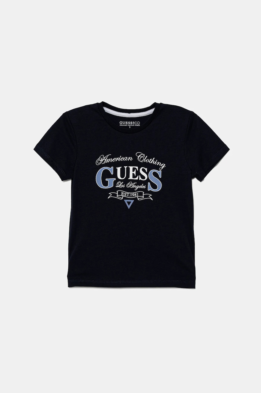 Levně Dětské bavlněné tričko Guess tmavomodrá barva, s potiskem, N5YI20 K8HM4