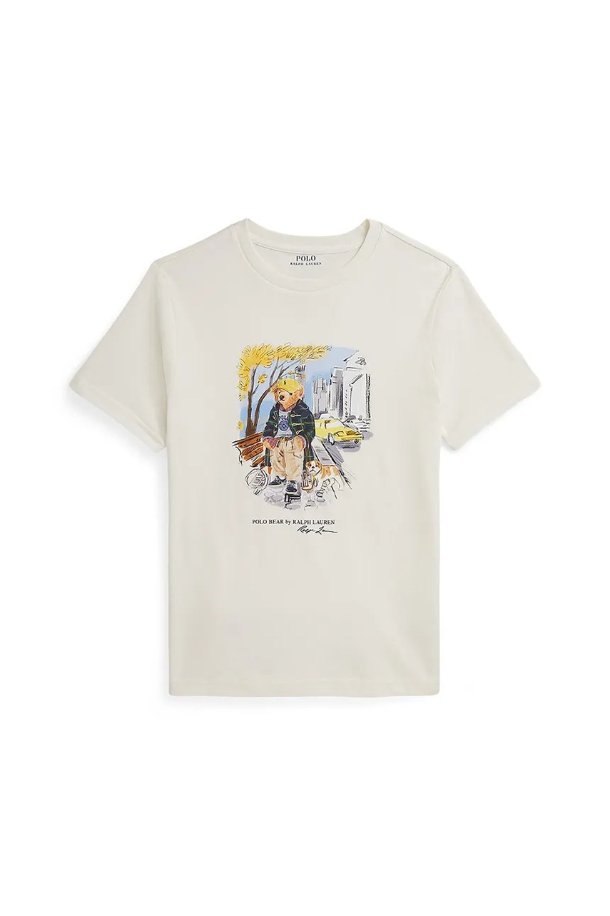 Levně Dětské bavlněné tričko Polo Ralph Lauren béžová barva, s potiskem, 323979493001