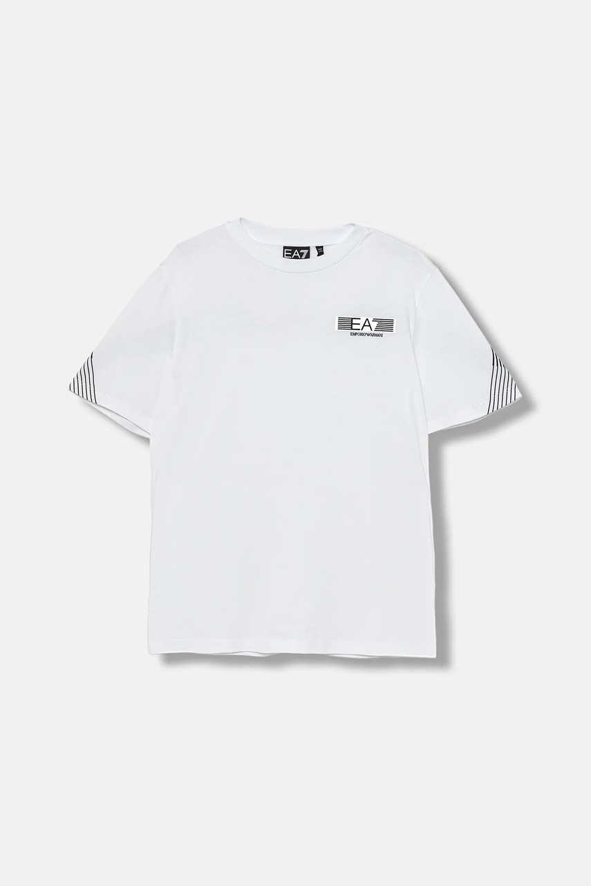 Levně Dětské bavlněné tričko EA7 Emporio Armani bílá barva, s aplikací, 7B000183 AF10375