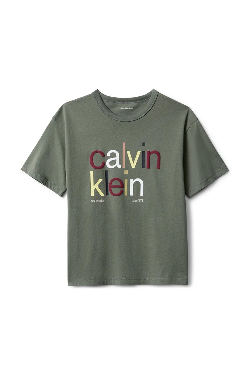 Детская хлопковая футболка Calvin Klein Jeans цвет зелёный с принтом IB0IB02578