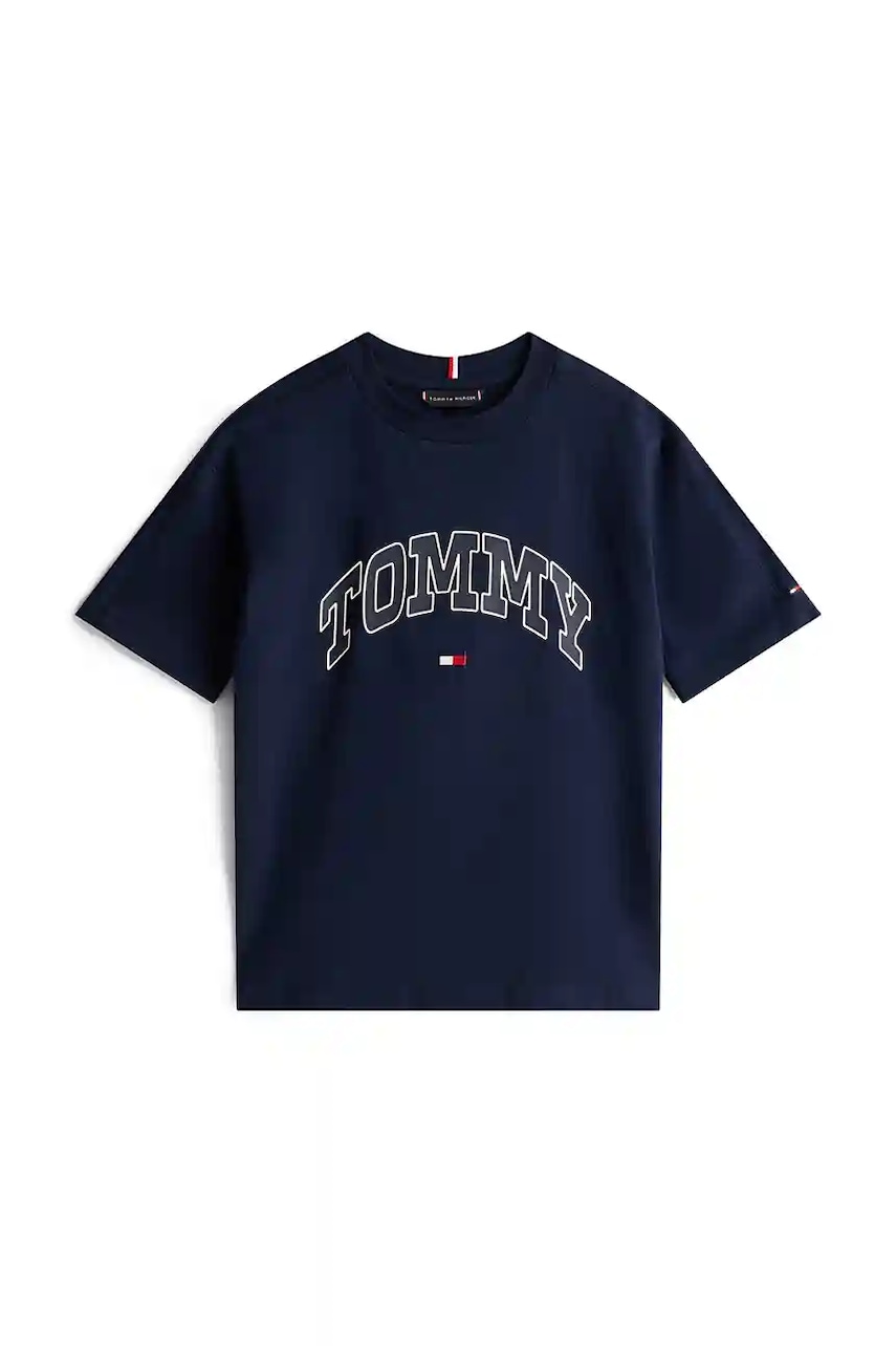 Детская хлопковая футболка Tommy Hilfiger цвет синий с принтом KB0KB09939 Детская хлопковая футболка Tommy Hilfiger цвет синий с принтом KB0KB09939