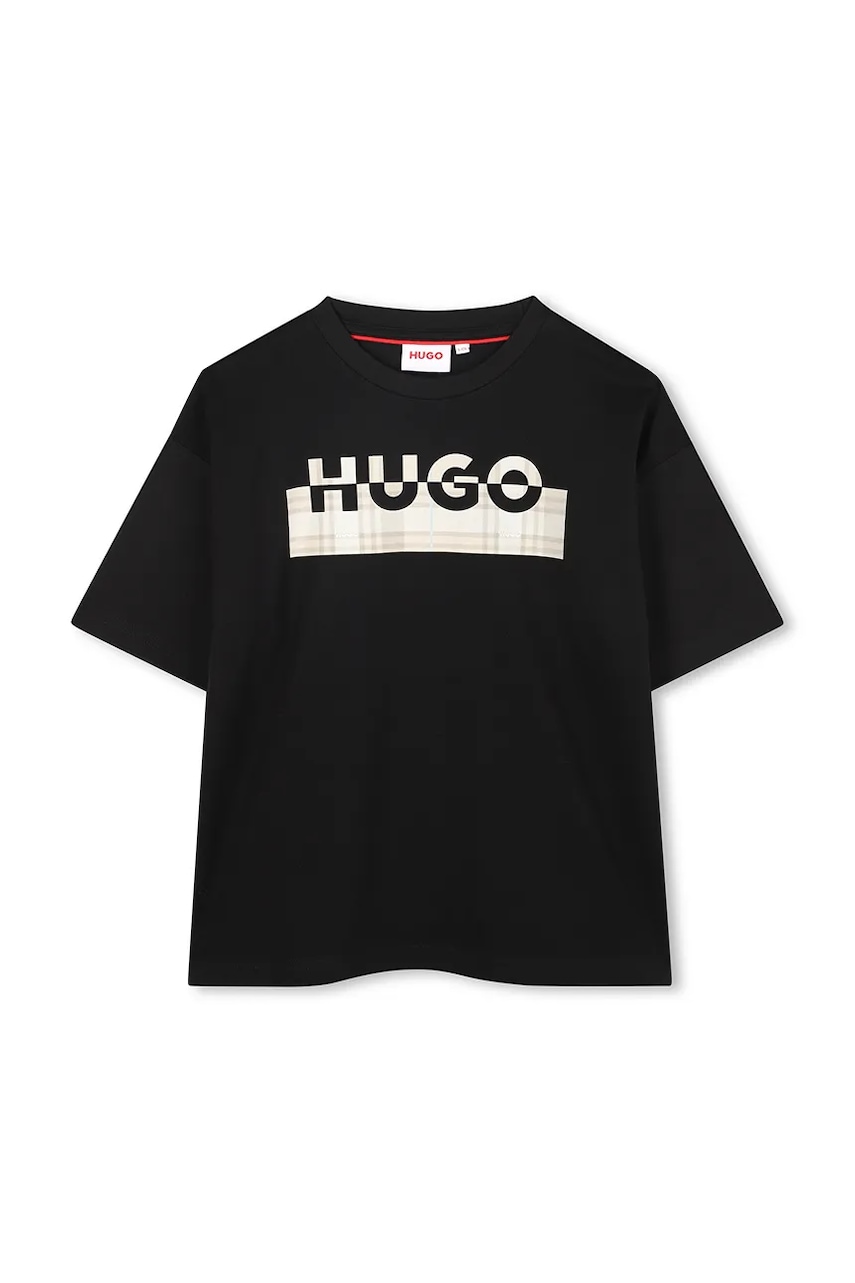 Levně Dětské bavlněné tričko HUGO černá barva, s potiskem, G00435