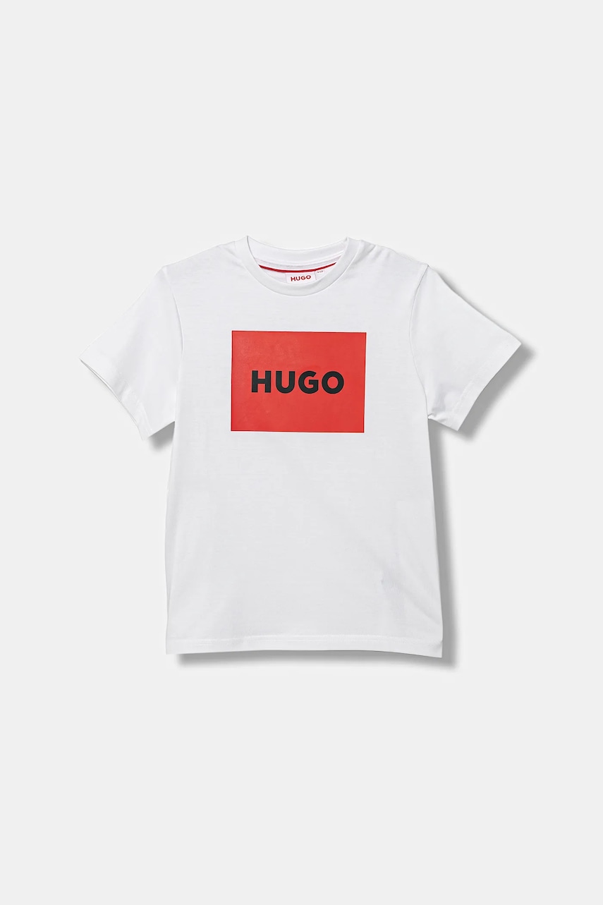 Levně Dětské bavlněné tričko HUGO bílá barva, s potiskem, G00572