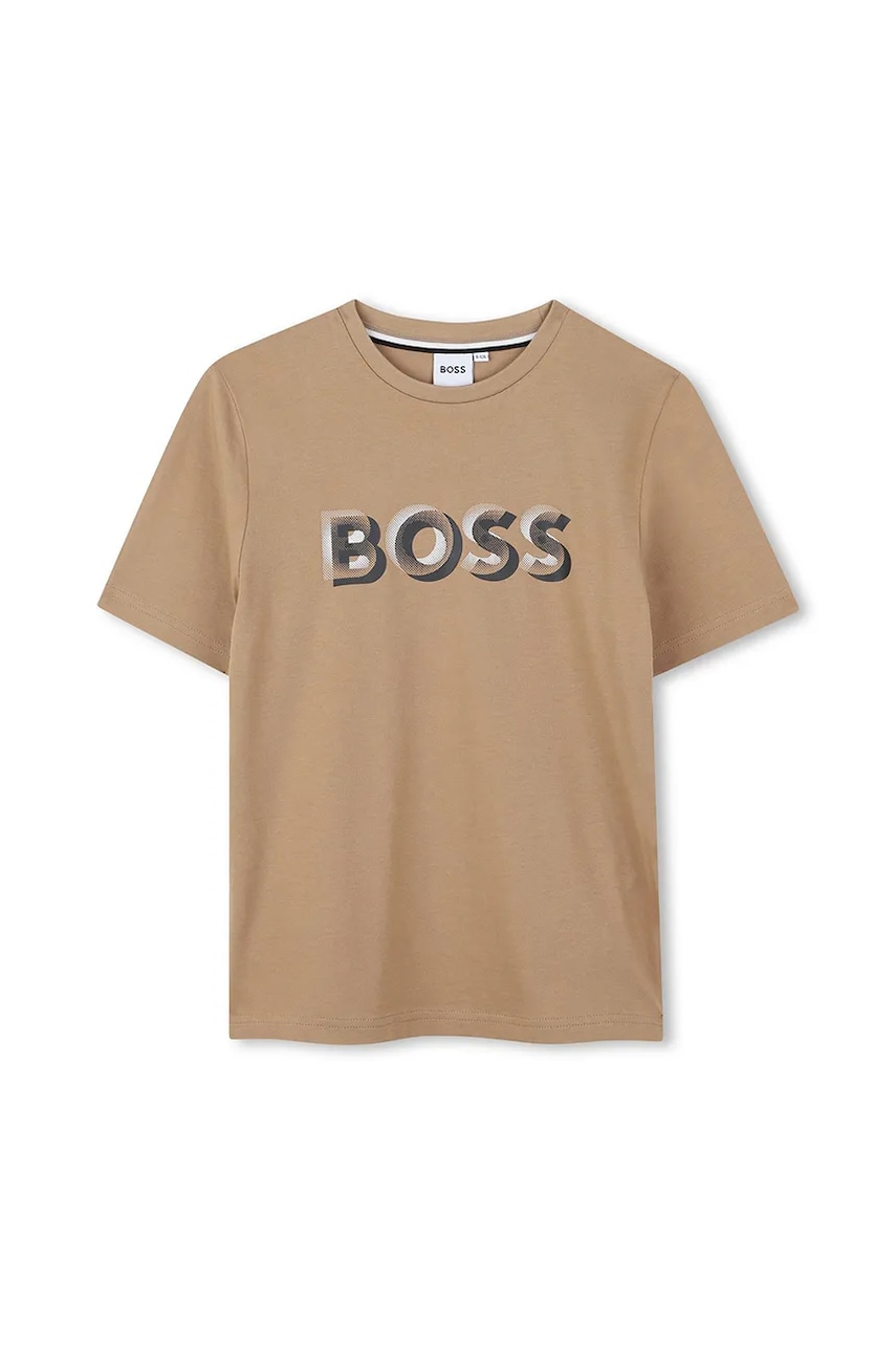 BOSS tricou de bumbac pentru copii culoarea maro, cu imprimeu, J52360
