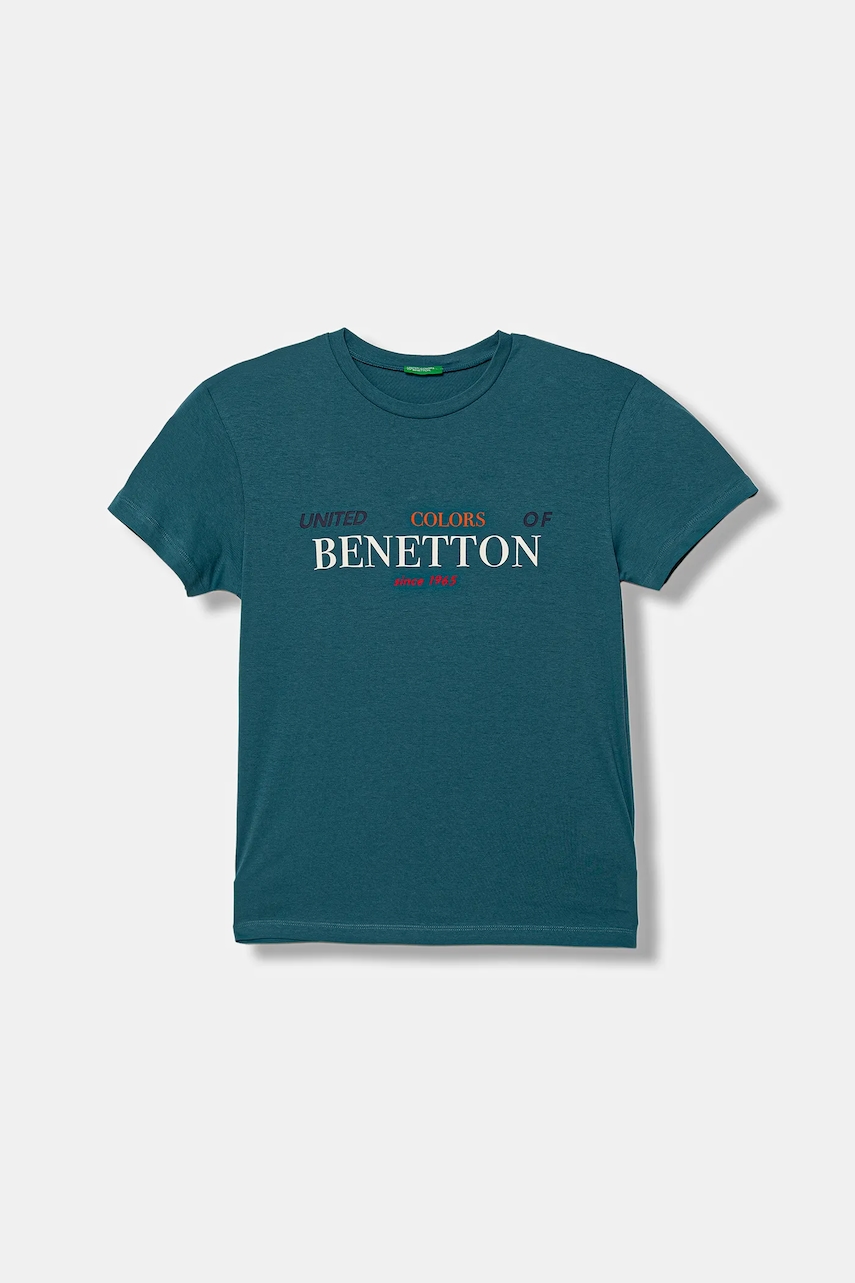 United Colors of Benetton tricou de bumbac pentru copii culoarea turcoaz, cu imprimeu, 3I1XC10Q4