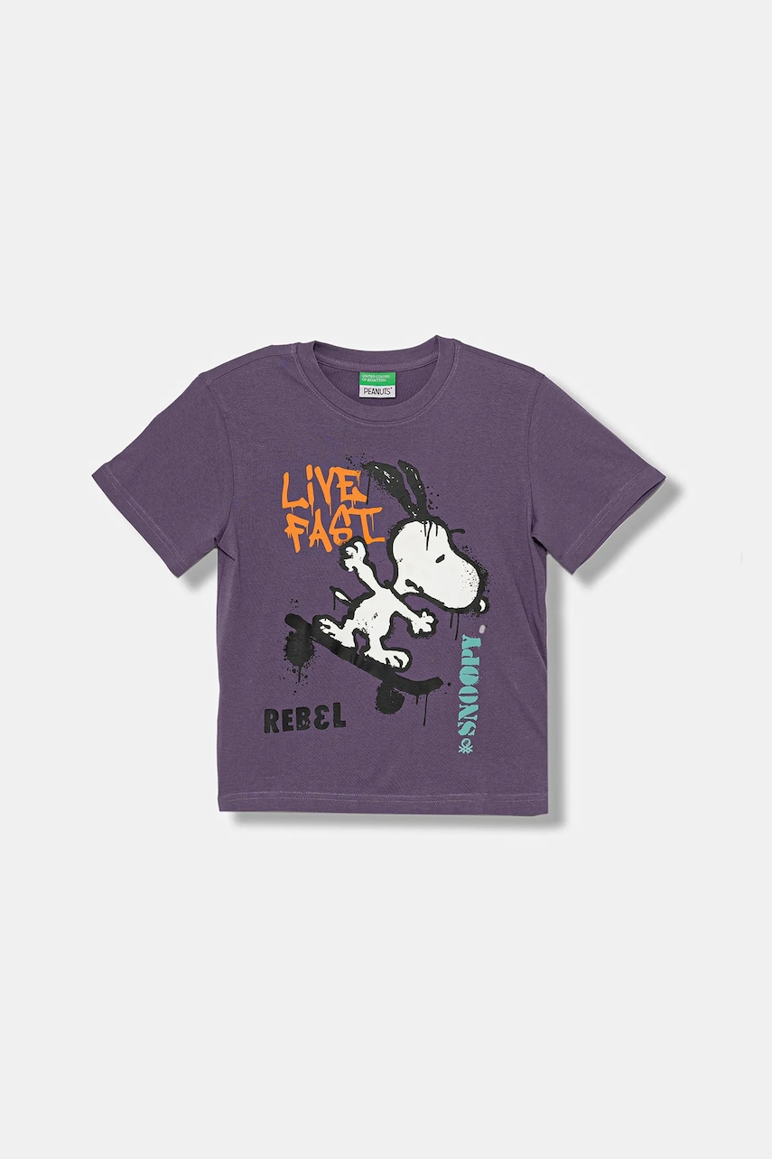 Levně Bavlněné tričko United Colors of Benetton fialová barva, s potiskem, 3X1SG10JW