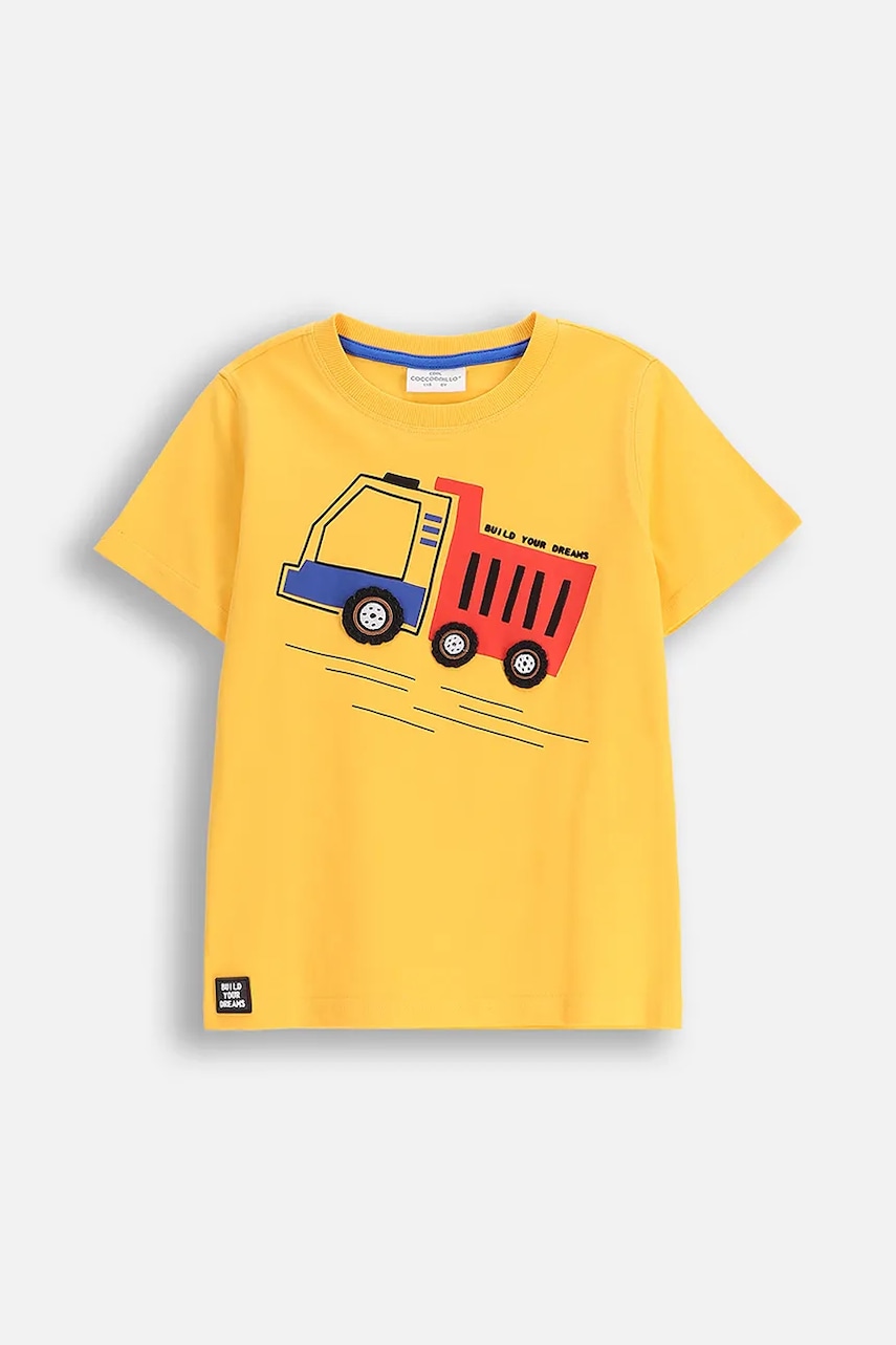 Levně Dětské bavlněné tričko Coccodrillo žlutá barva, s potiskem, CITY BUILDER BOY KIDS