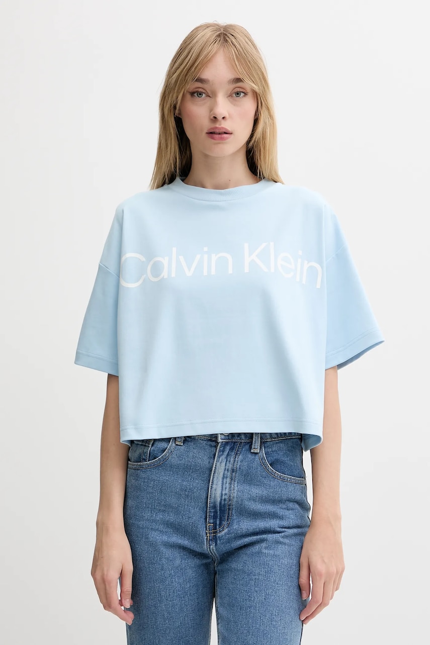 Levně Bavlněné tričko Calvin Klein dámské, modrá barva, LV044C903G