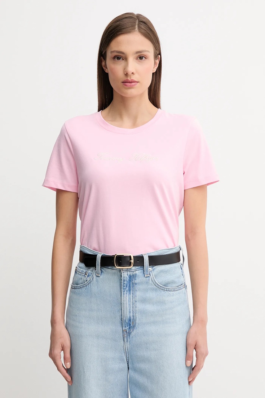 Levně Bavlněné tričko Tommy Hilfiger dámské, růžová barva, WW0WW45746