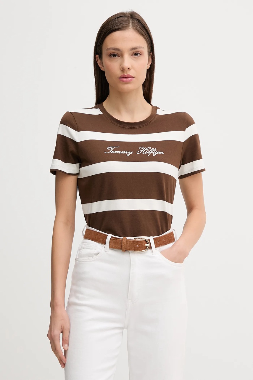 Levně Bavlněné tričko Tommy Hilfiger dámské, hnědá barva, WW0WW45746
