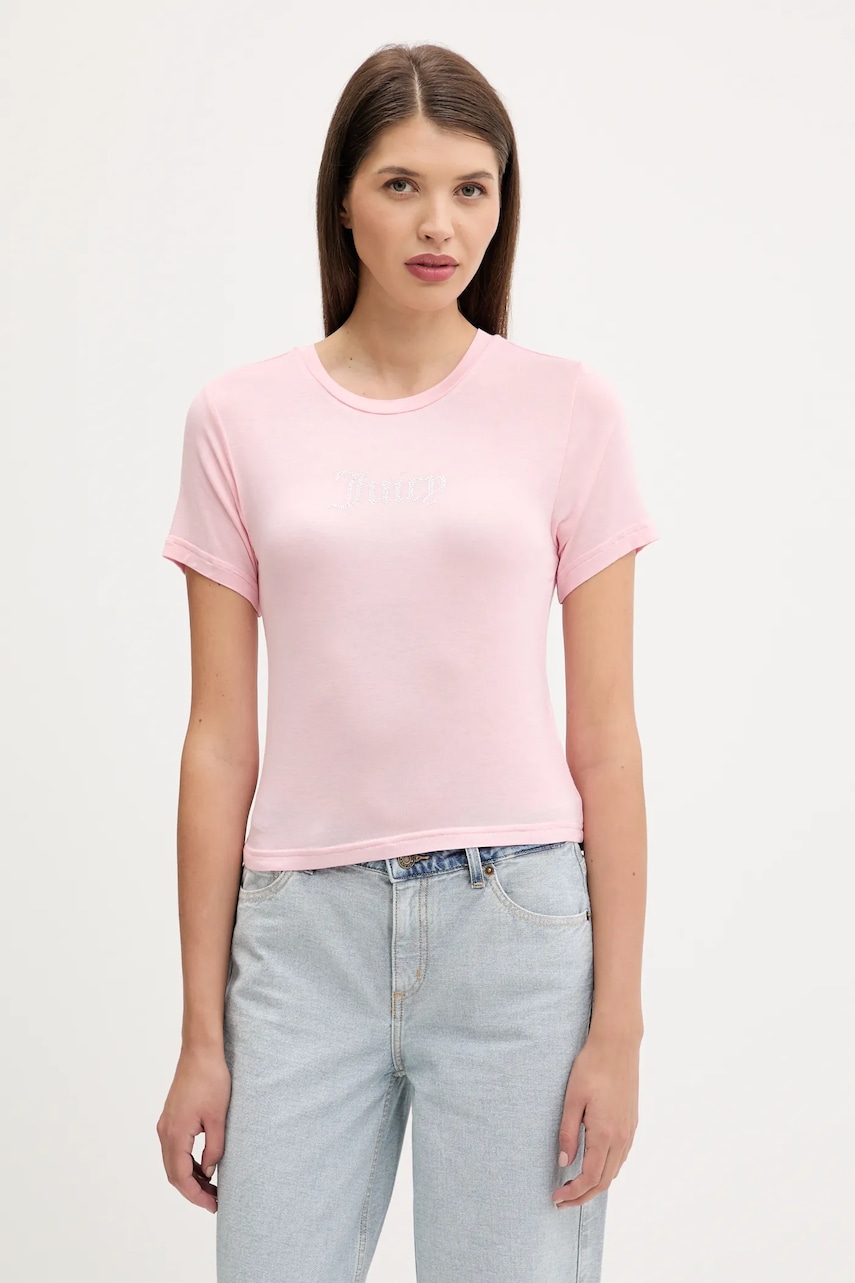 Juicy Couture tricou SHEER FITTED TEE culoarea roz, JCWCT225301