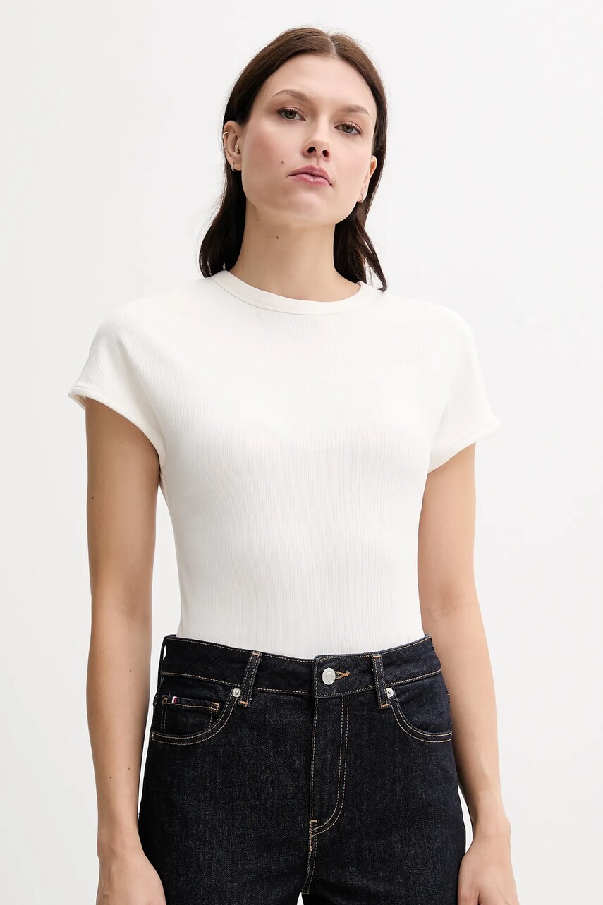 Levně Tričko Tommy Hilfiger dámské, béžová barva, WW0WW45731