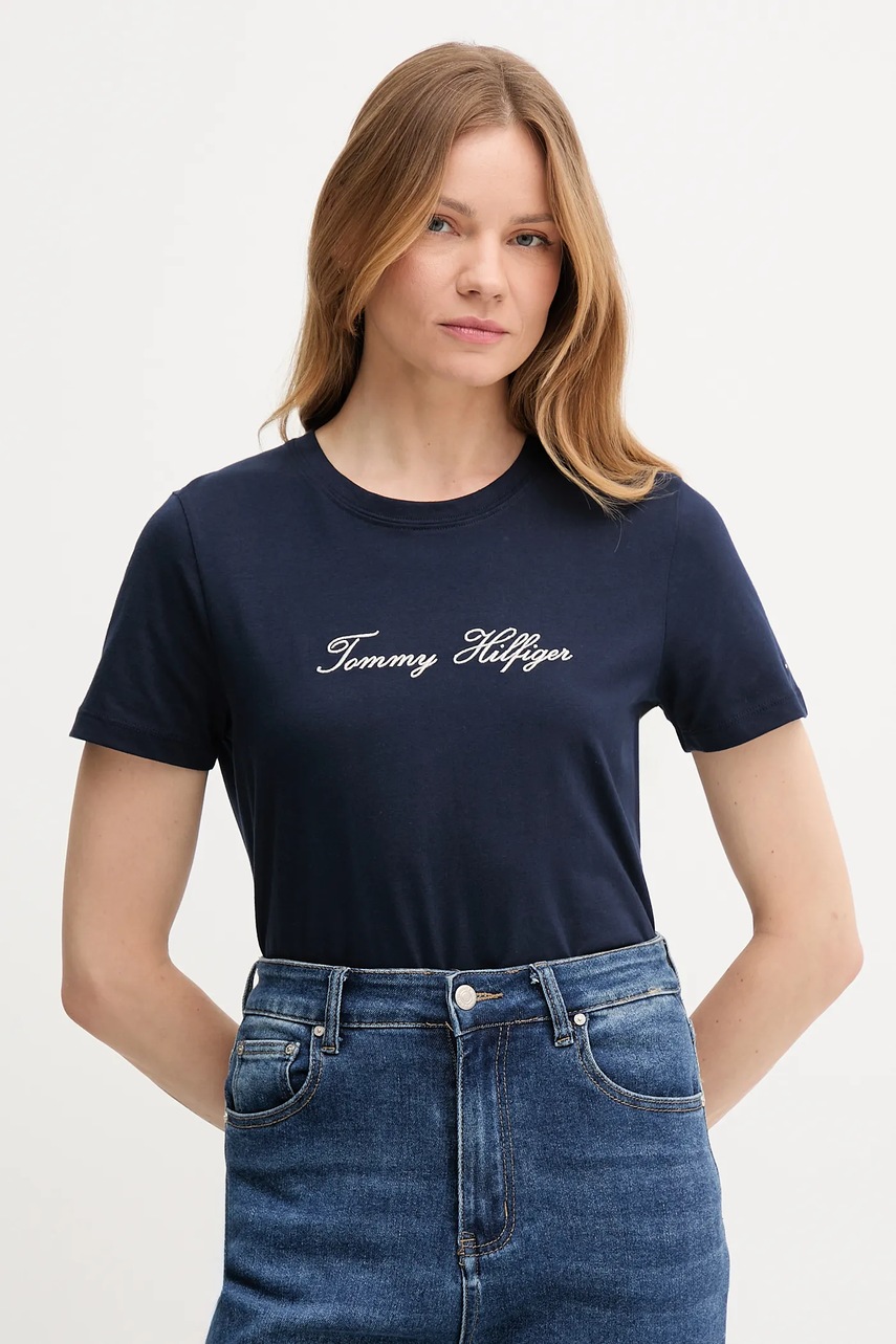 Levně Bavlněné tričko Tommy Hilfiger dámské, tmavomodrá barva, WW0WW47210
