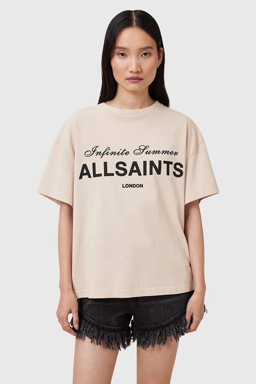 Levně Bavlněné tričko AllSaints AVRI dámské, béžová barva, W095JC