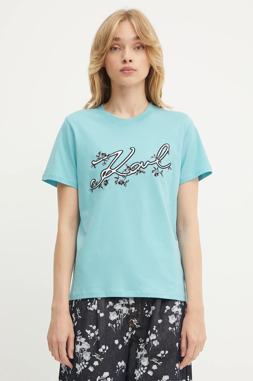 Karl Lagerfeld tricou din bumbac culoarea turcoaz, A3W17018
