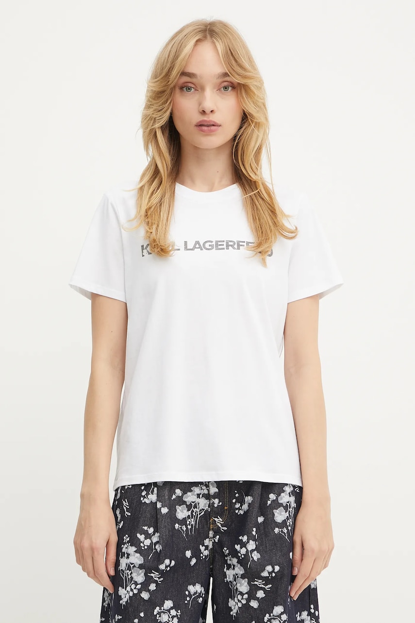 Karl Lagerfeld tricou din bumbac ELONGATED LOGO culoarea alb, A3W17102