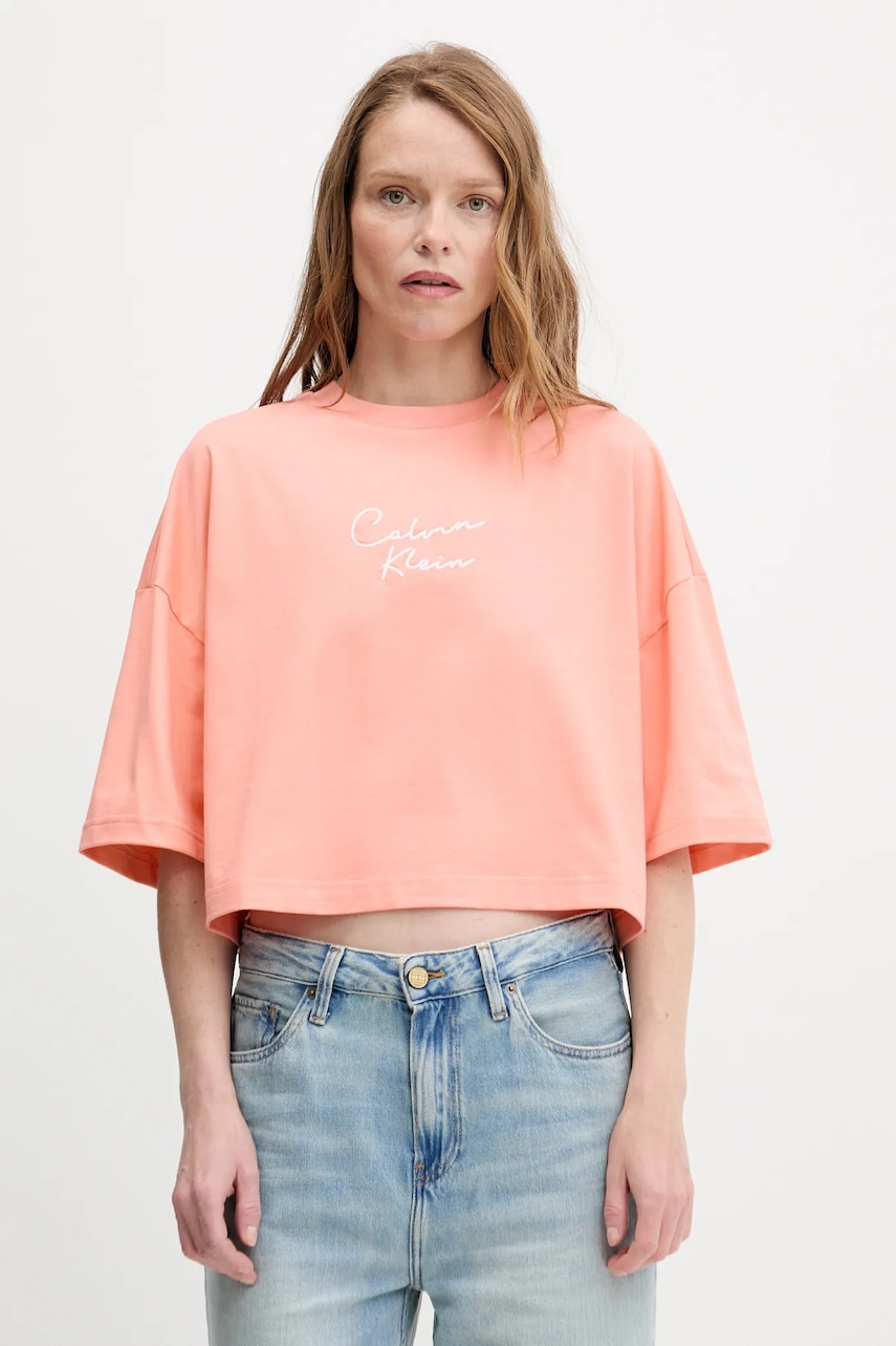 Levně Bavlněné tričko Calvin Klein Jeans dámské, oranžová barva, LV047C202G
