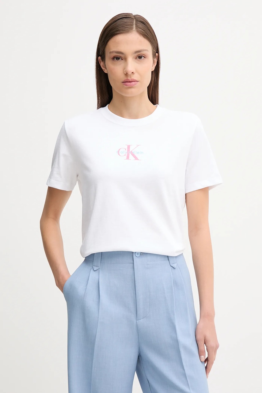Levně Bavlněné tričko Calvin Klein Jeans dámské, bílá barva, LV047C856G