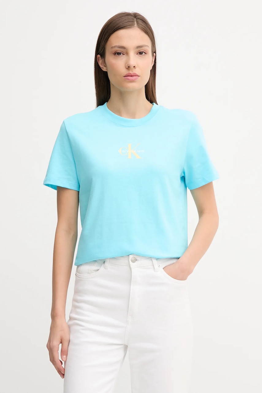 Levně Bavlněné tričko Calvin Klein Jeans dámské, tyrkysová barva, LV047C856G