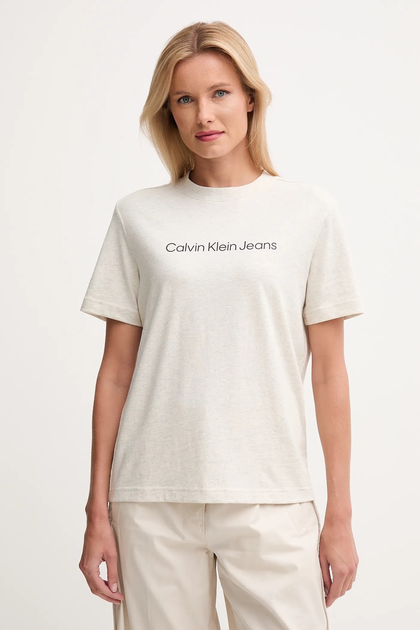

Памучна тениска Calvin Klein Jeans дамска в бяло LV047C912G, Бежов