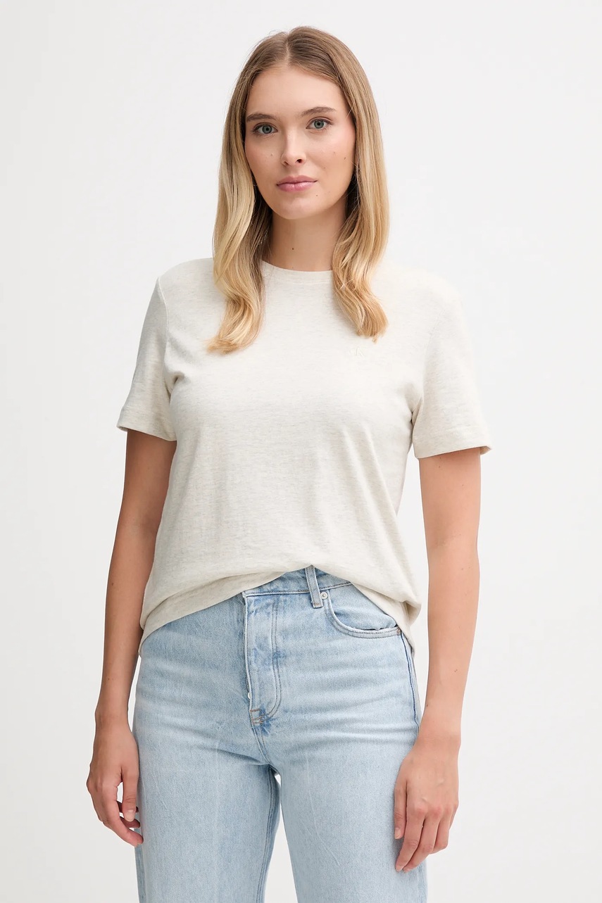 Levně Bavlněné tričko Calvin Klein Jeans dámské, béžová barva, LV047B224G