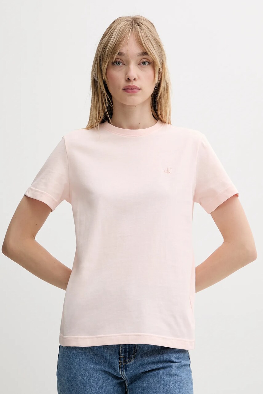 Levně Bavlněné tričko Calvin Klein Jeans dámské, béžová barva, LV047B224G