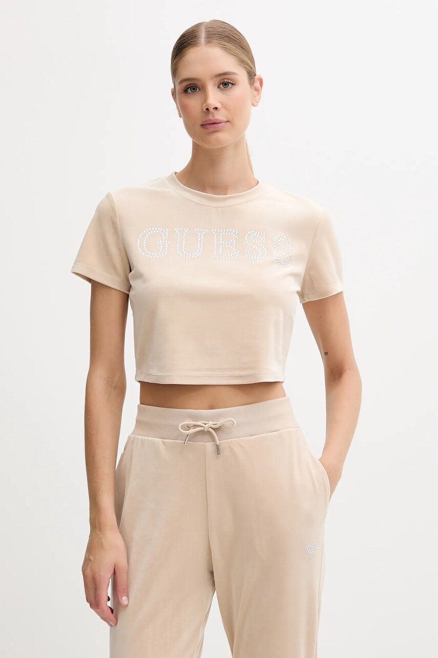 Levně Dětské tričko Guess COUTURE dámské, béžová barva, V3BI01 K0232