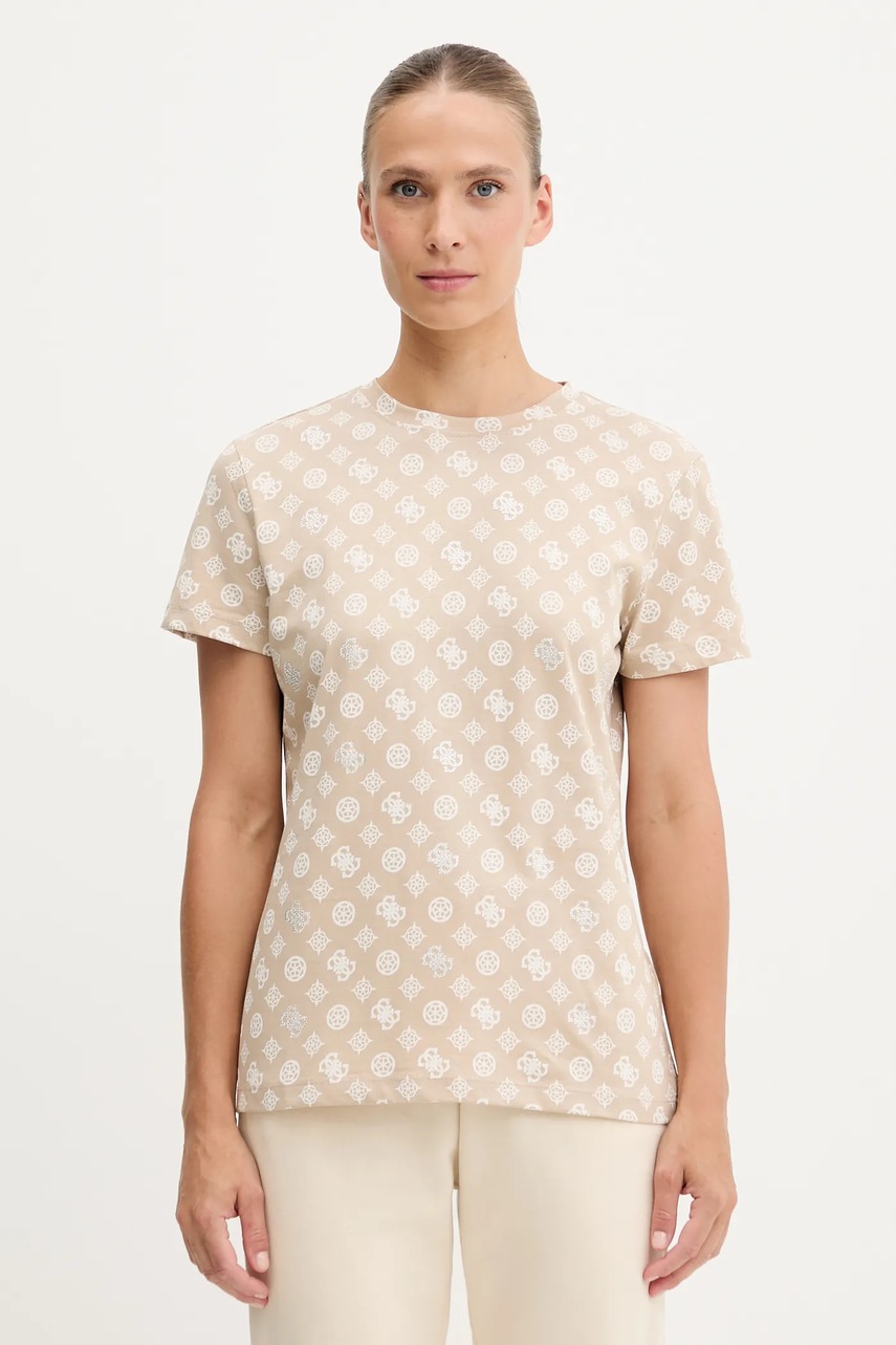 Levně Bavlněné tričko Guess PEONY dámské, béžová barva, V5YI04 I3Z14