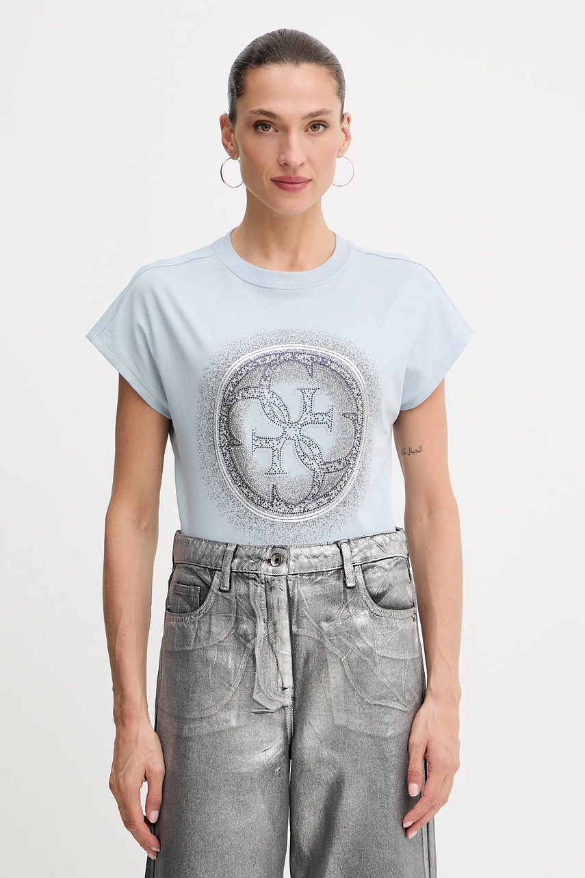 Levně Bavlněné tričko Guess 4G dámské, fialová barva, W5YI14 I3Z14