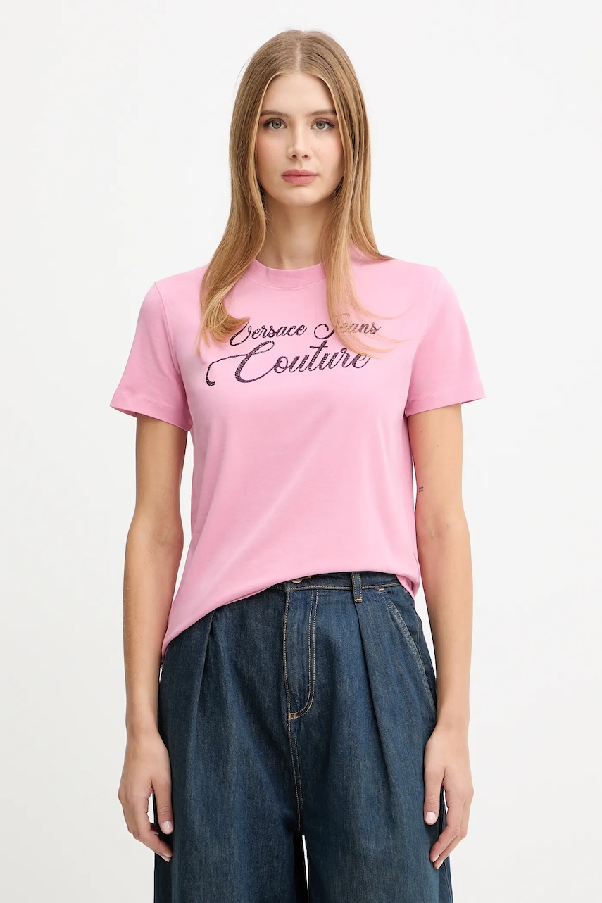 Levně Tričko Versace Jeans Couture dámské, růžová barva, 79HAHT05 CJ03T