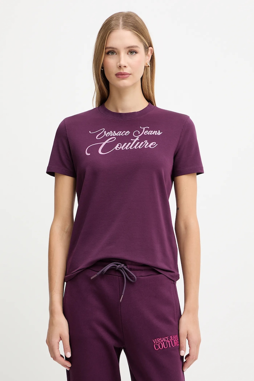 Levně Tričko Versace Jeans Couture dámské, vínová barva, 79HAHT05 CJ03T