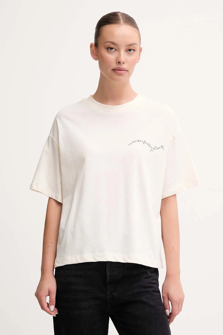 Levně Bavlněné tričko United Colors of Benetton dámské, béžová barva, 35P5D10AR