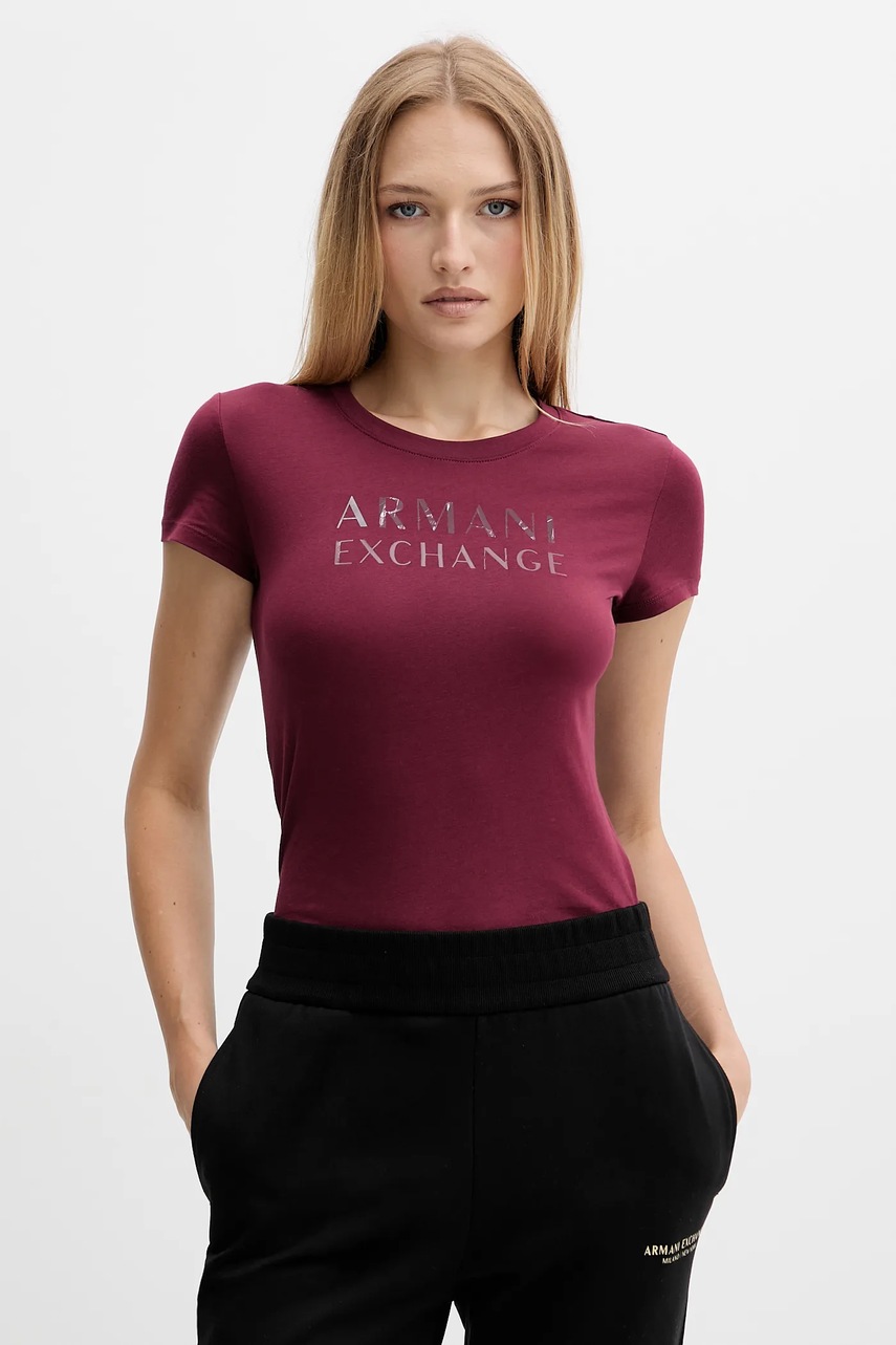 Levně Bavlněné tričko Armani Exchange dámské, vínová barva, XW001357 AF10356