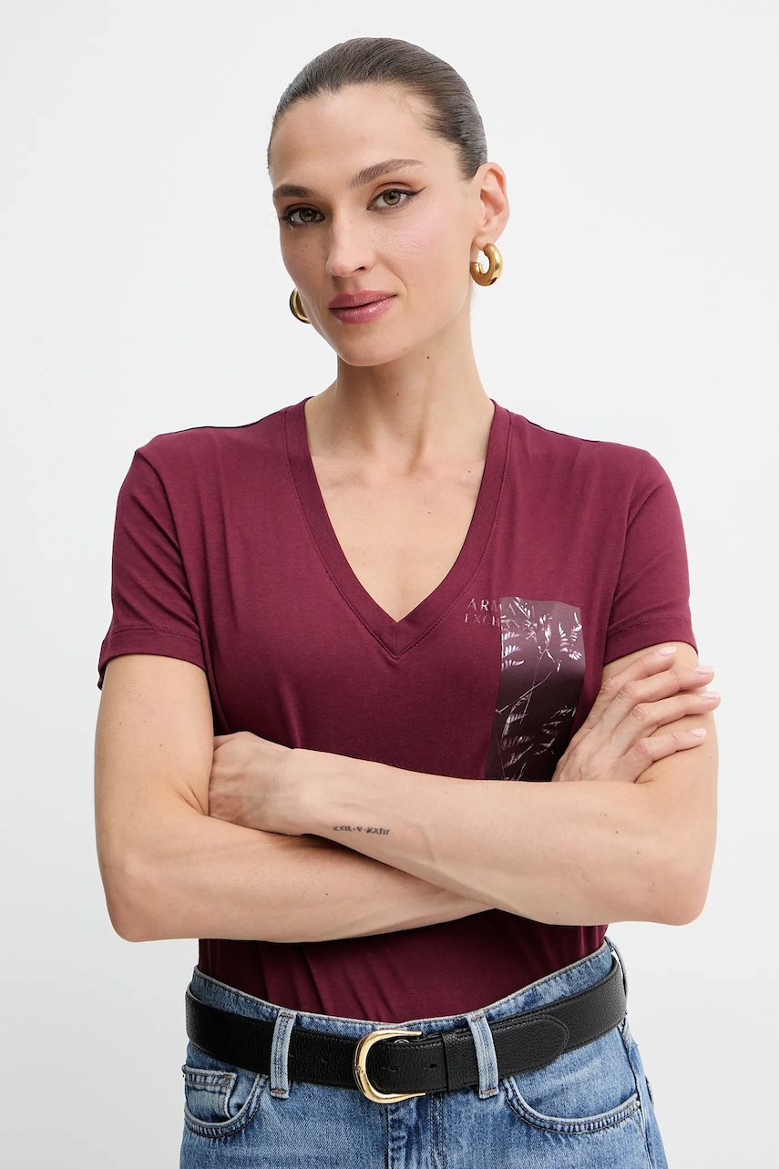 Levně Bavlněné tričko Armani Exchange dámské, vínová barva, XW001358 AF10356