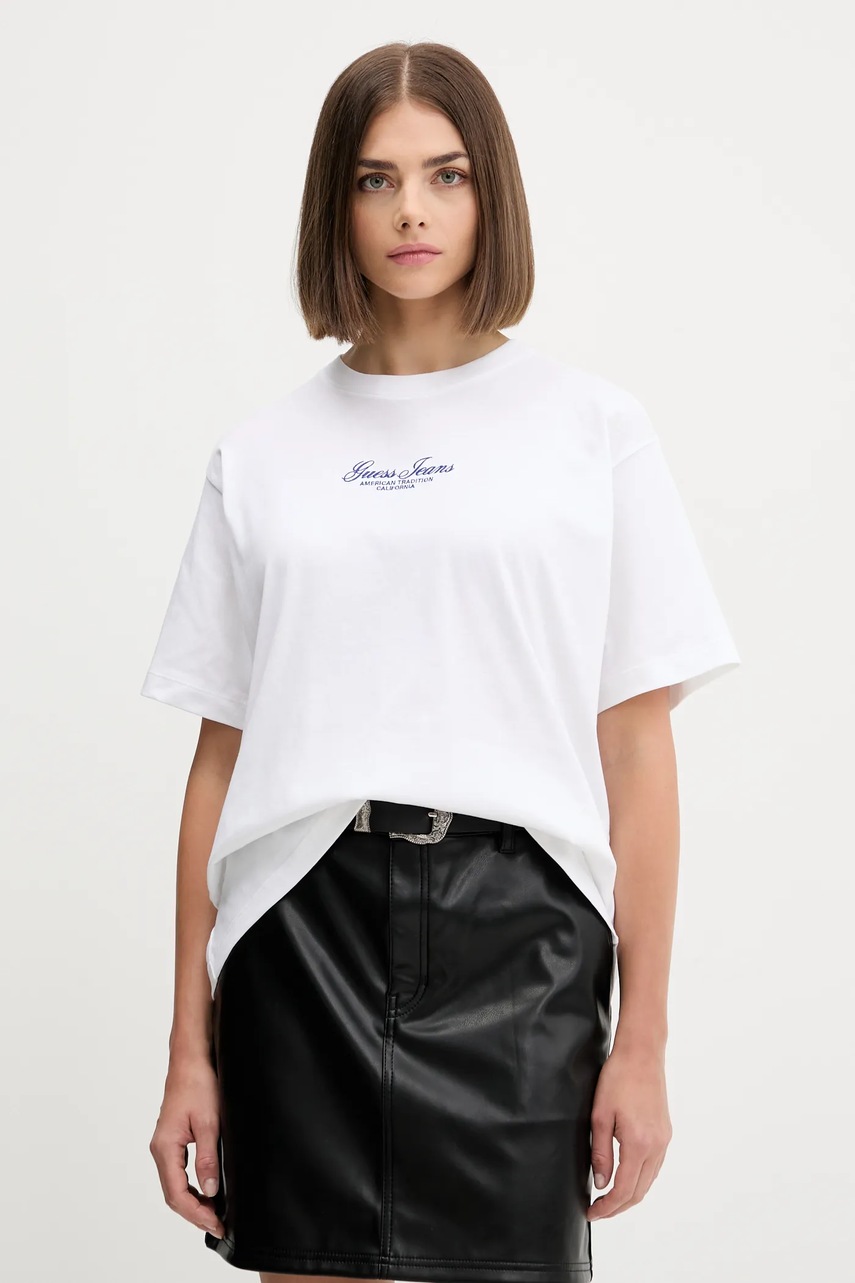 Levně Bavlněné tričko Guess Jeans dámské, bílá barva, W5YI25 K8HM0