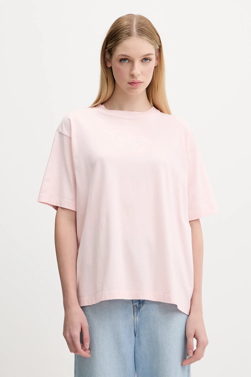 Levně Bavlněné tričko Guess Jeans dámské, růžová barva, W5YI25 K8HM0