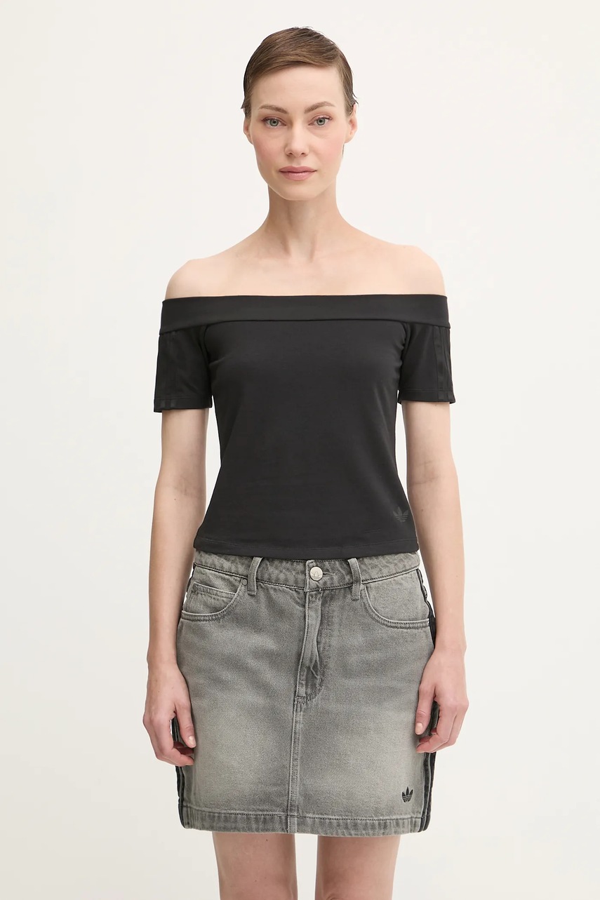 Tričko adidas Originals Bandeau SS dámské, černá barva, španělský výstřih, JV9742