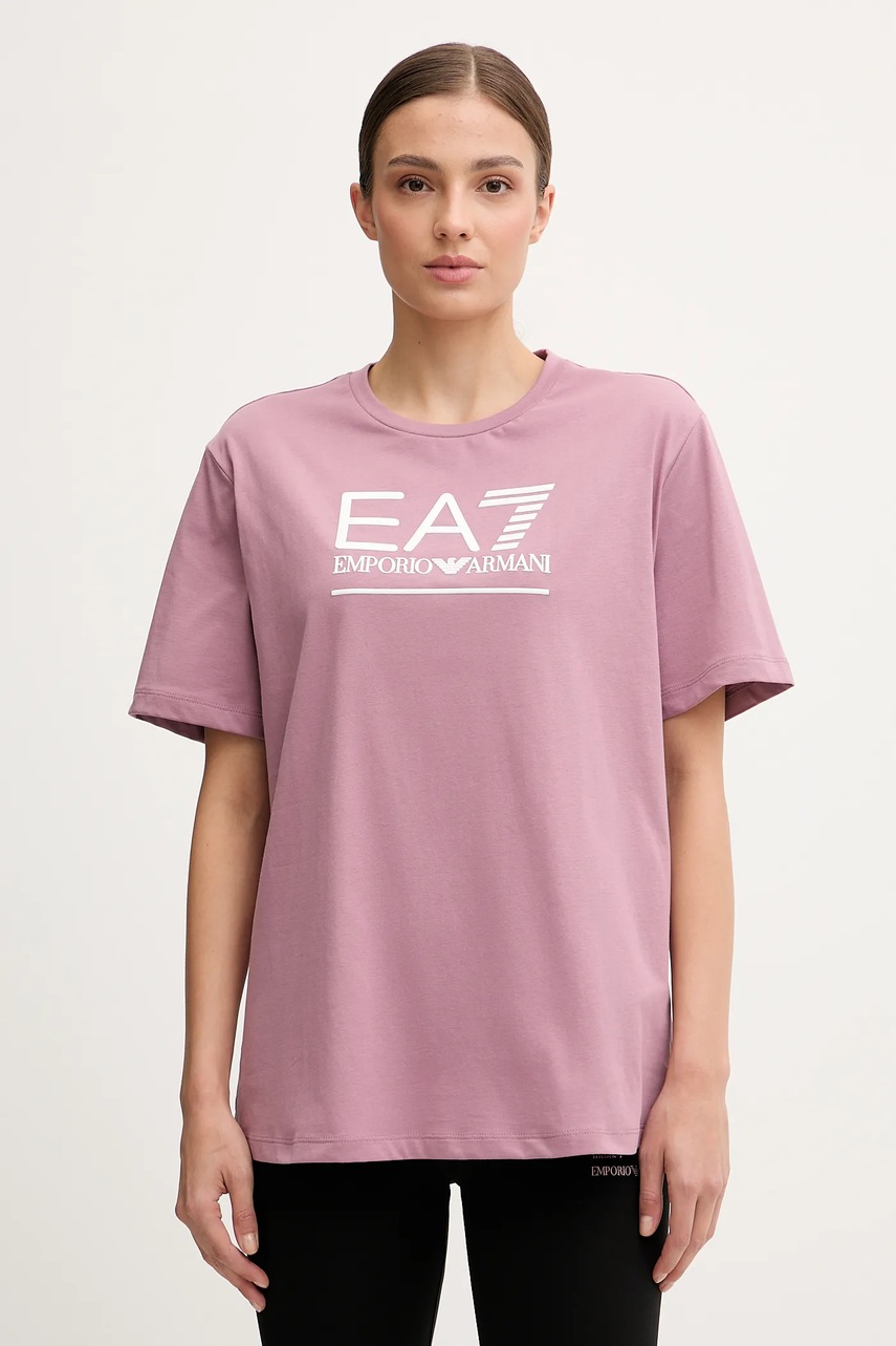 Levně Bavlněné tričko EA7 Emporio Armani dámské, růžová barva, AF12503.7W000414