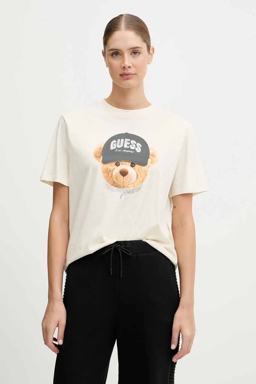 

Памучна тениска Guess TEDDY BEAR дамска в бежово V5BI09 I3Z14, Бежов