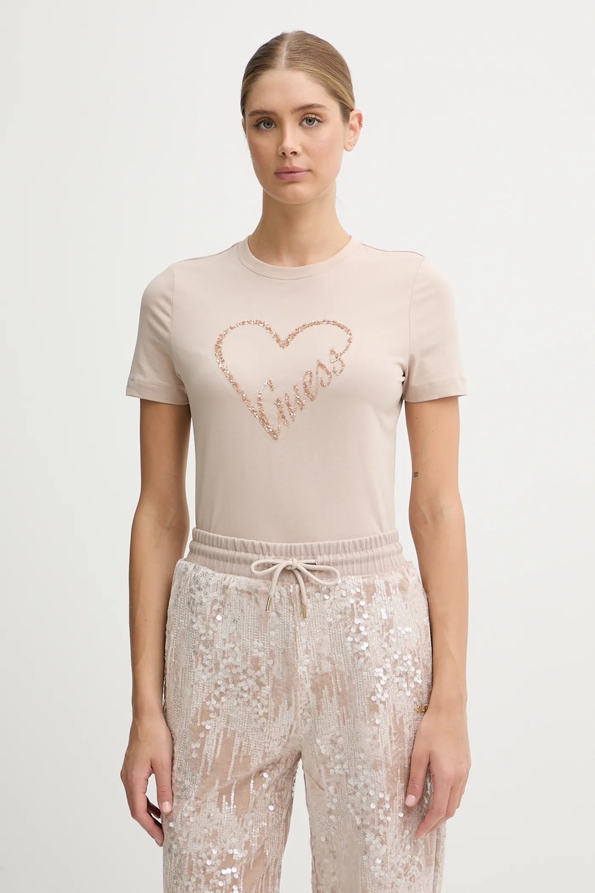 Levně Tričko Guess LOVE dámské, béžová barva, V5BI13 J1314