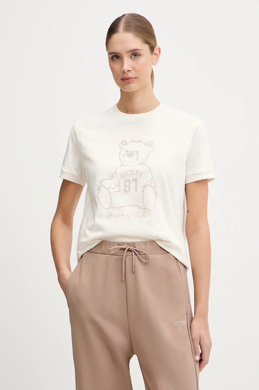 Levně Bavlněné tričko Guess dámské, béžová barva, V5BI16 K8FQ4