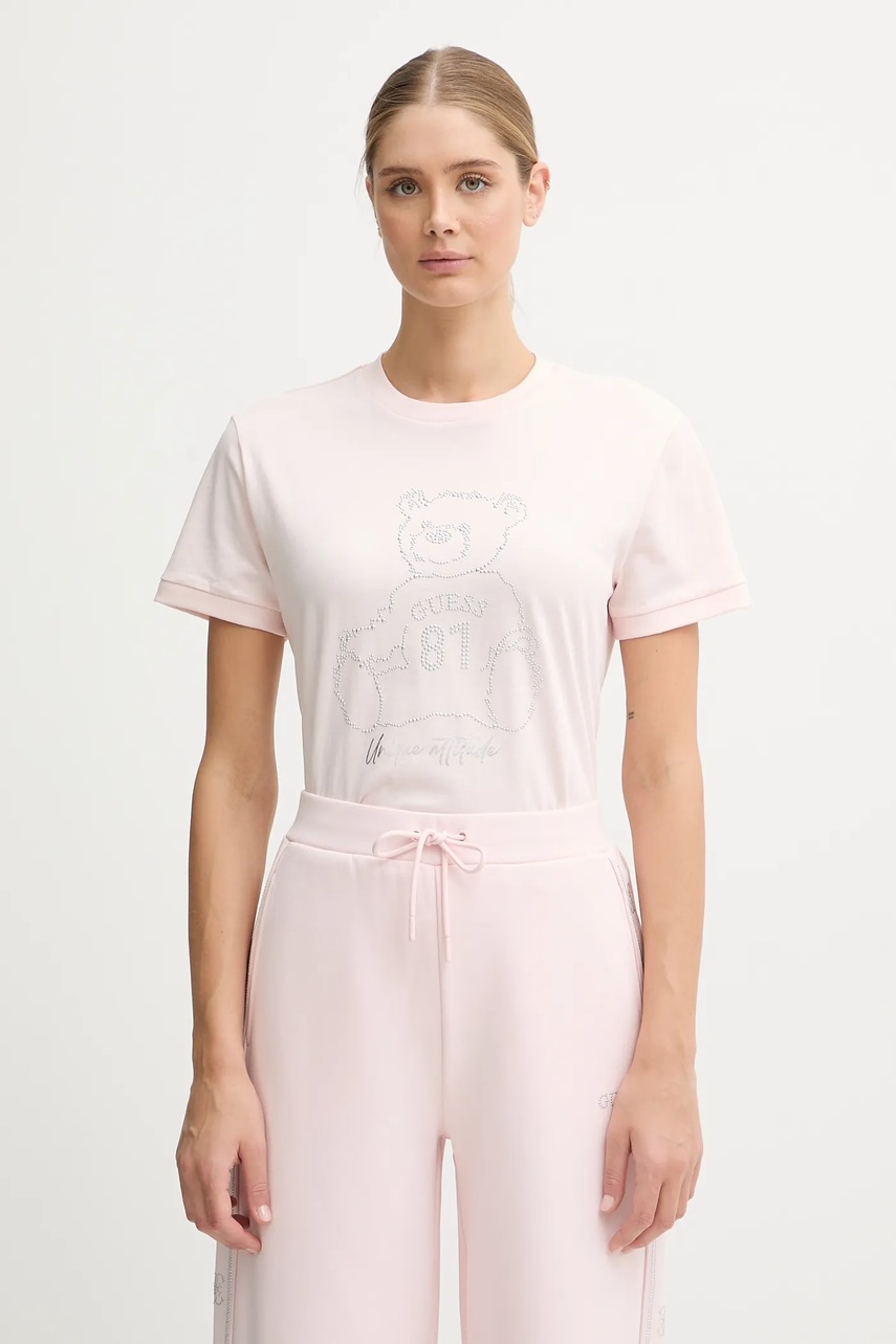 Levně Bavlněné tričko Guess dámské, růžová barva, V5BI16 K8FQ4