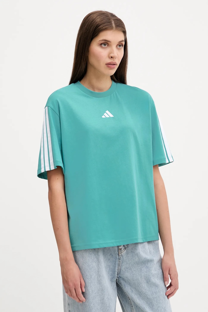 adidas tricou din bumbac 3-Stripes culoarea turcoaz, JX7626