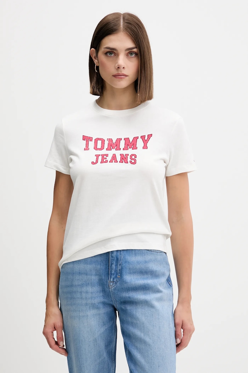 Levně Bavlněné tričko Tommy Jeans dámské, béžová barva, DW0DW21966
