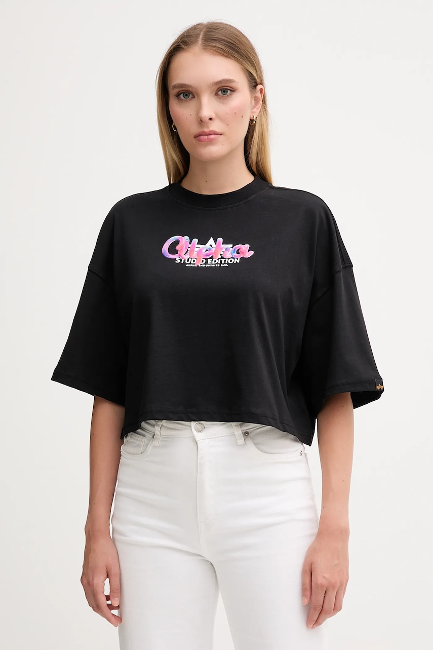 Levně Bavlněné tričko Alpha Industries dámské, černá barva, 258064.03