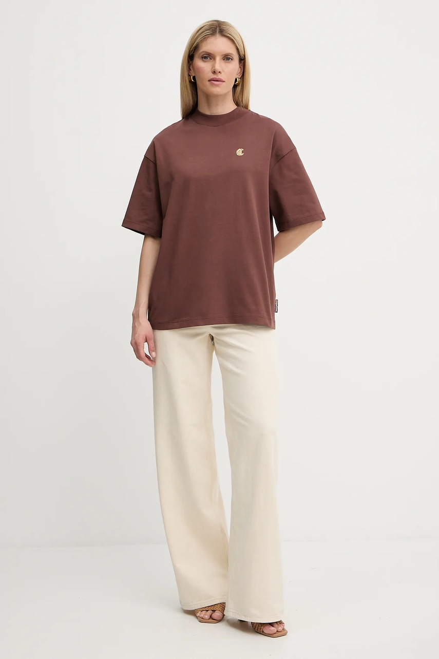 Хлопковая футболка Just Cavalli цвет коричневый 79PAHT06 CJ518