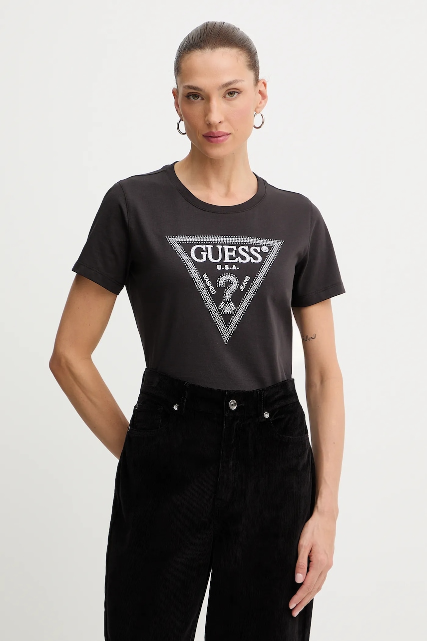 Levně Bavlněné tričko Guess dámské, hnědá barva, W5BI18 I3Z14