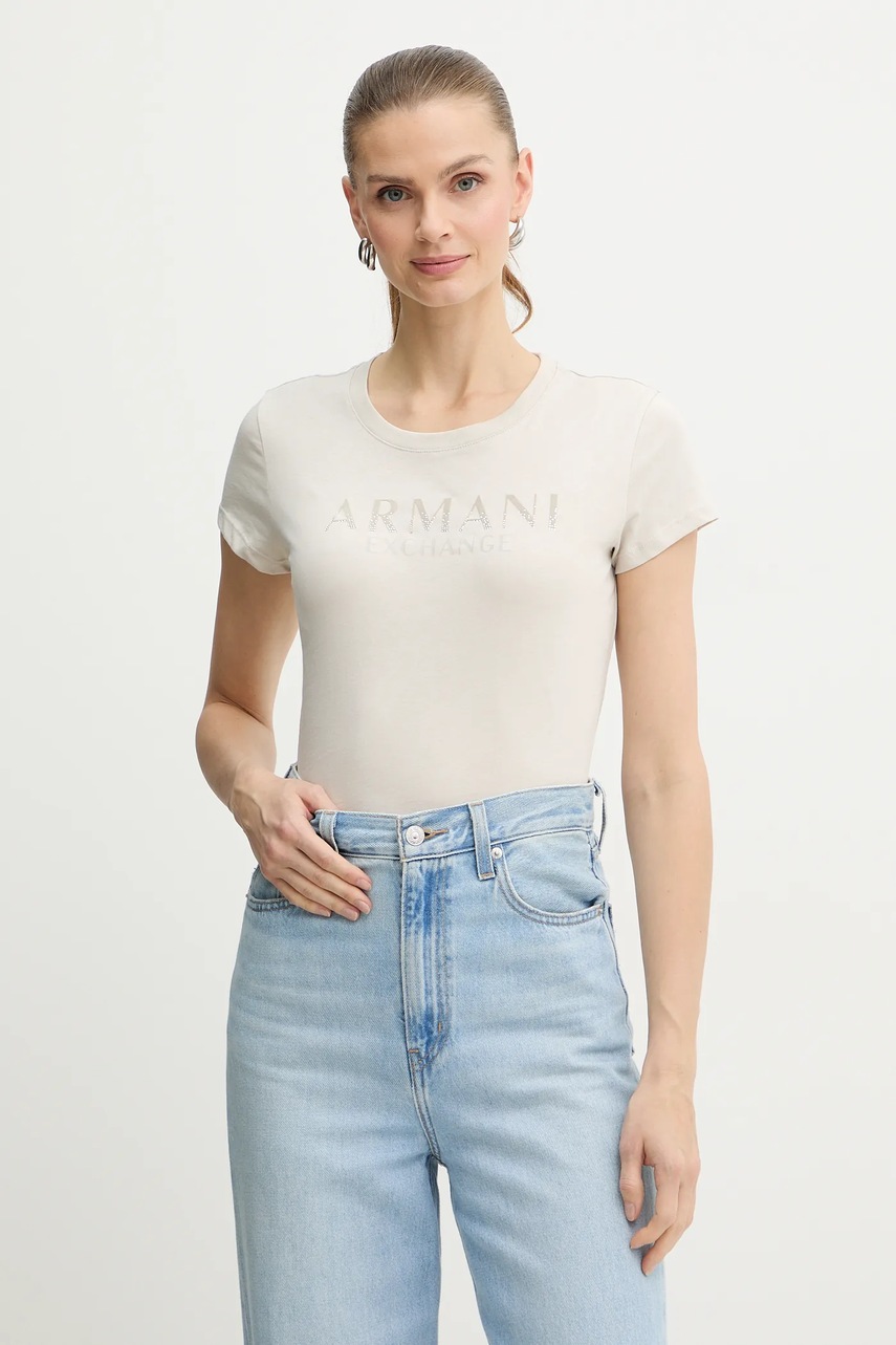Levně Bavlněné tričko Armani Exchange dámské, béžová barva, XW001351 AF17172