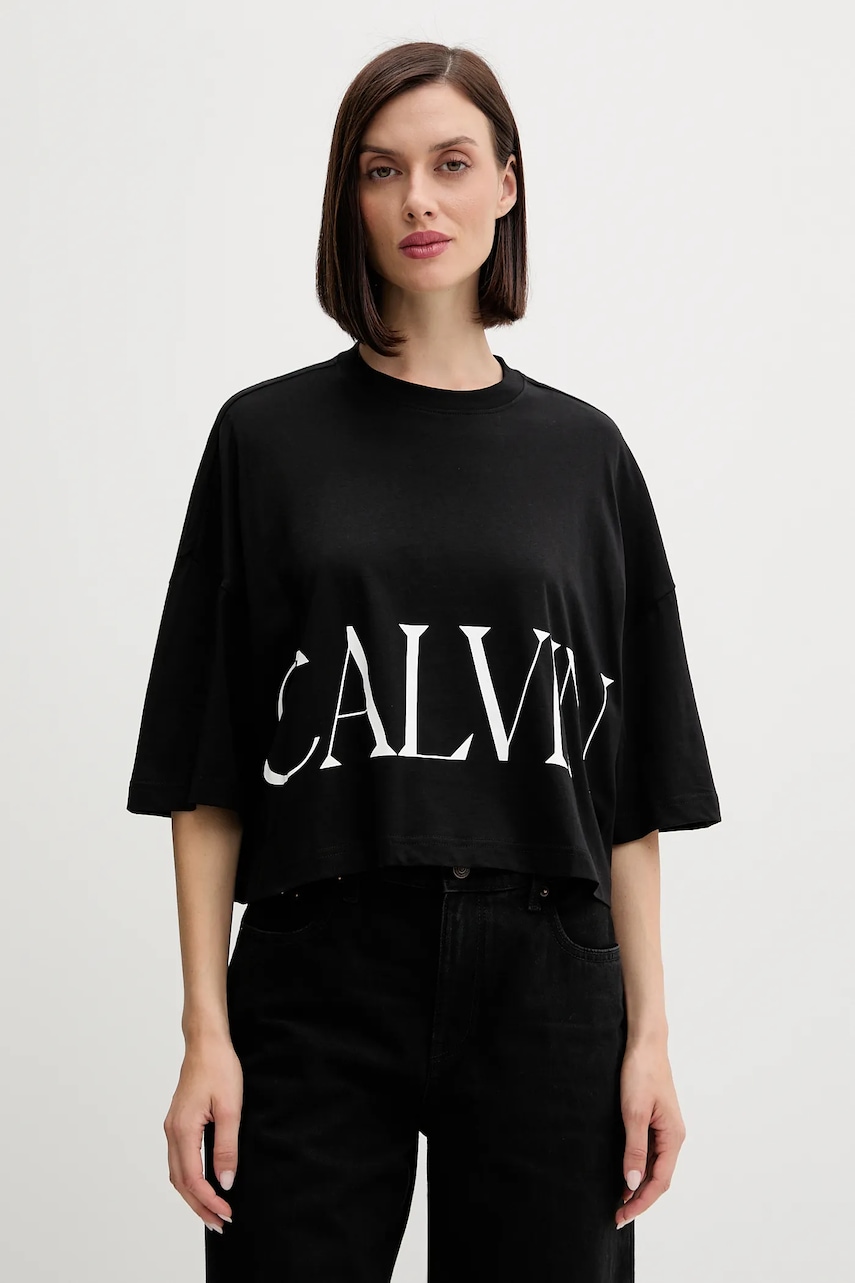 Levně Bavlněné tričko Calvin Klein Jeans dámské, černá barva, LV047D206G